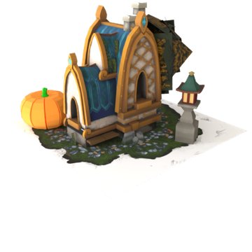 after: Add a large orange pumpkin with a green stem on the mossy ground beside the shrine's arched entrance.