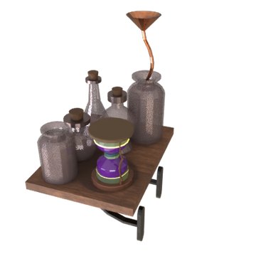 after: Add a small hourglass with a brown wooden frame and a purple tint to the open area of the shelf top.