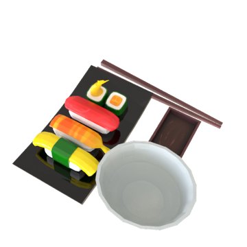 after: Replace the cream crackle-glaze soup bowl and its ladle with a plain white footed bowl, standing upright in the same place beside the sushi tray.