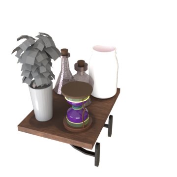 after: Replace the large smoky glass jar topped by a copper funnel with a tall white ceramic jar.