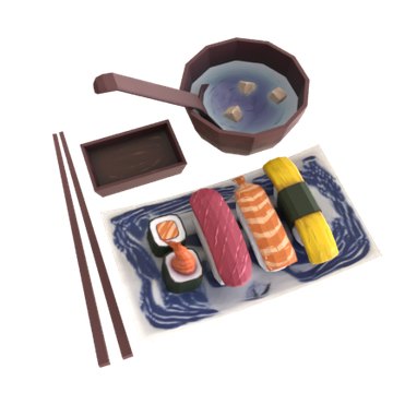after: Change only the rectangular sushi serving tray to ivory ceramic with flowing dark-blue wave patterns. Preserve every sushi piece, its original food colors and texture details, and all geometry.