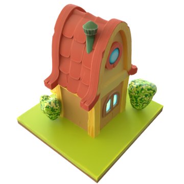 after: Change the material of the arched roof of the little yellow cottage to terracotta red clay roof tiles.