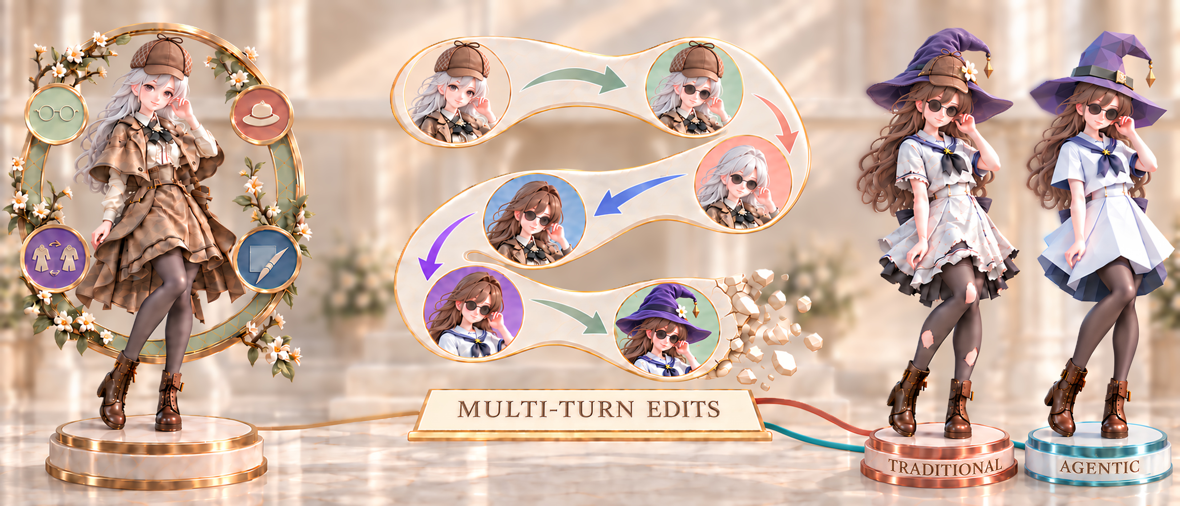A figurine edited over five turns: sunglasses added, cap removed, hair recoloured, outfit replaced and a witch hat added