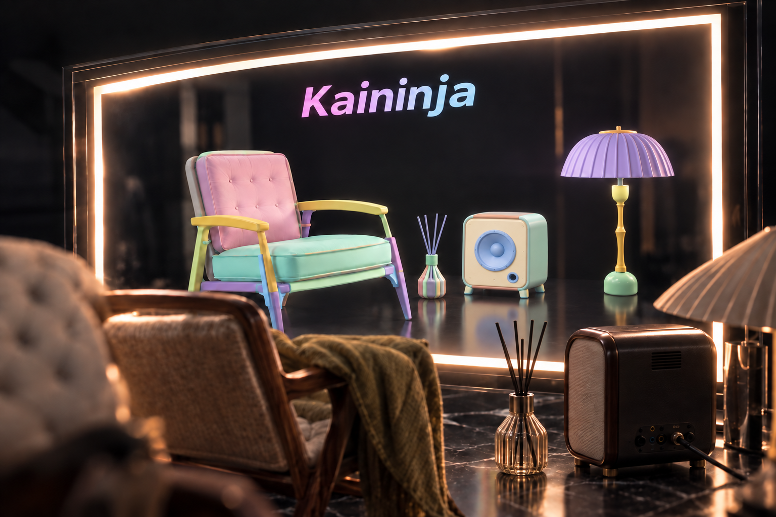 Kaininja concept illustration: an armchair, speaker and reed diffuser reflected as pastel-colored parts in an illuminated mirror