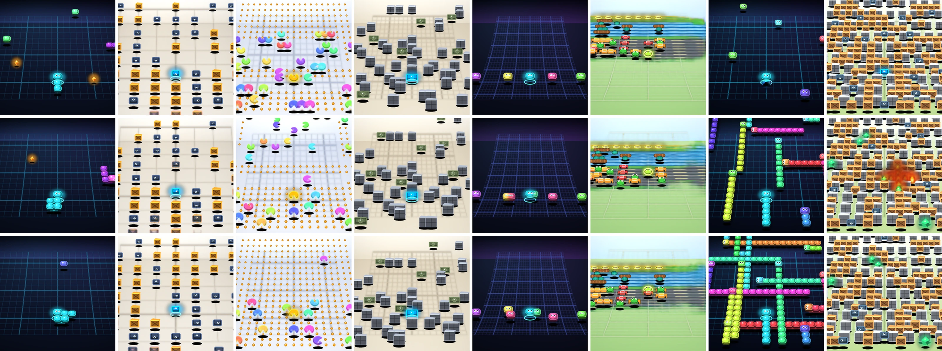 Three rows of learned state-conditioned renders across eight games