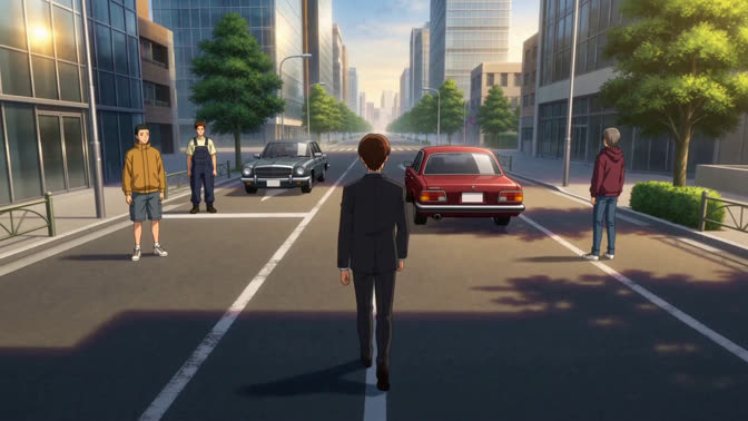 First-frame appearance reference: People and cars at a sunlit city street crossing (Urban; third person view)