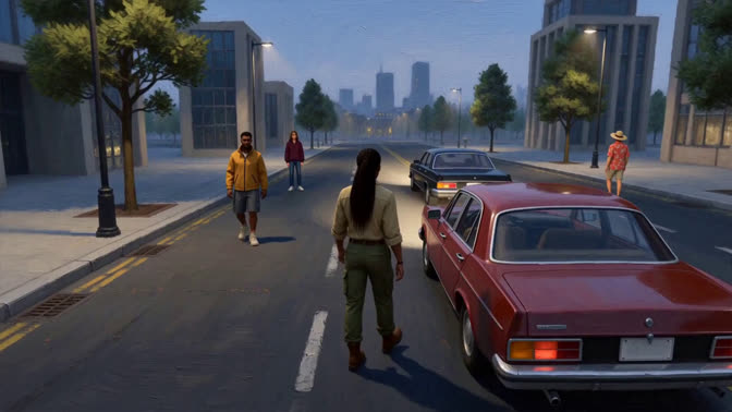 First-frame appearance reference: A person beside a red car on a city street lined with buildings (Urban; third person view)