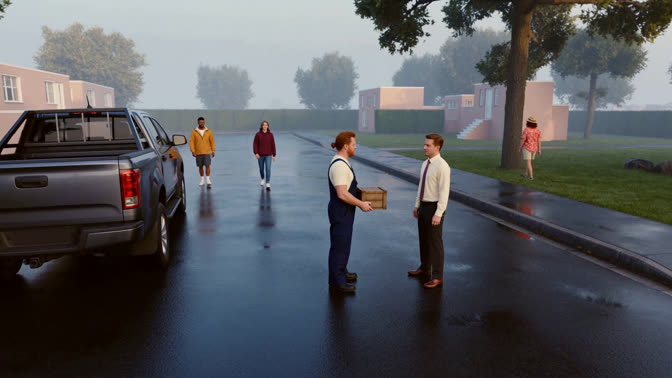 First-frame appearance reference: Two people with a small box on a wet residential street (Urban; third person view)