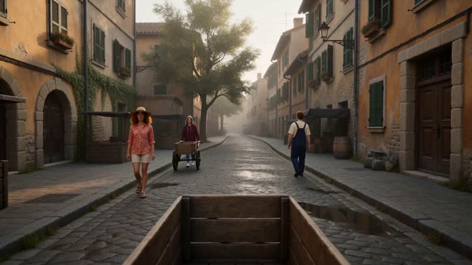 First-frame appearance reference: First-person view over a wooden cart on a cobbled old-town street (Urban; first person view)
