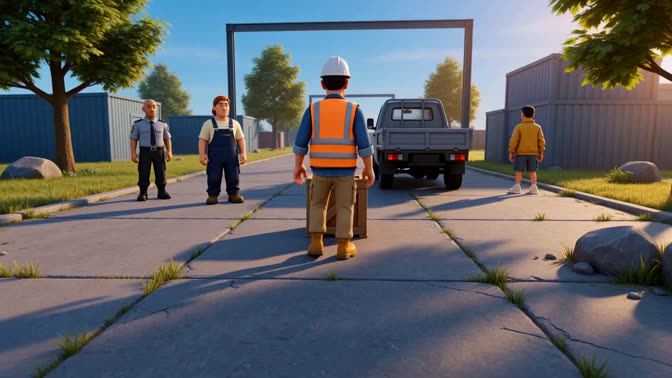 First-frame appearance reference: A worker with a wooden crate at an outdoor construction site (Urban; third person view)
