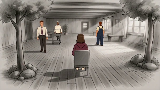 First-frame appearance reference: A seated person facing three people in a room rendered in an ink-wash style (Indoor; third person view)