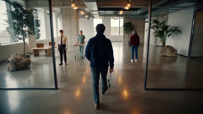 First-frame appearance reference: People and a cart sharing a glass-fronted office corridor (Indoor; third person view)