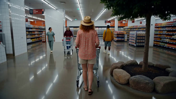 First-frame appearance reference: A person with a shopping cart among store shelves and other shoppers (Indoor; third person view)