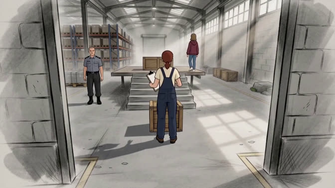 First-frame appearance reference: A person near warehouse stairs and a raised loading platform (Indoor; third person view)