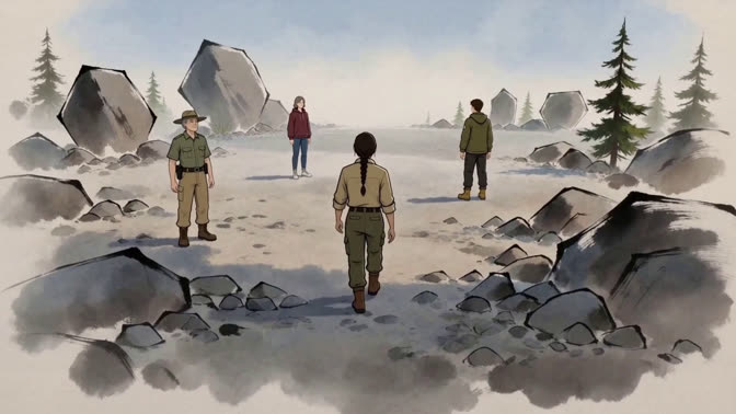 First-frame appearance reference: People on a rocky mountain trail in an ink-wash landscape (Nature; third person view)