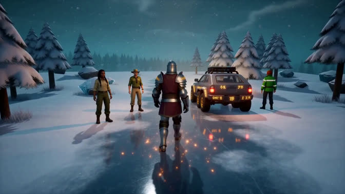 First-frame appearance reference: People and a vehicle on an icy path through a snowy forest (Nature; third person view)