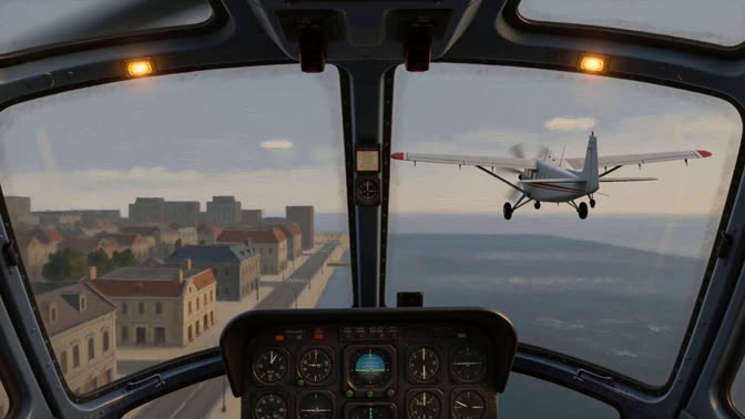 First-frame appearance reference: Cockpit view over a coastal town with an aircraft ahead (Sky; first person view)