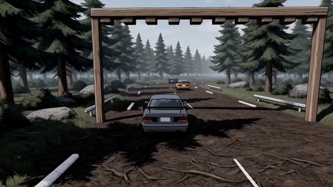 First-frame appearance reference: Cars on a racing track bordered by pine trees (Racing; third person view)