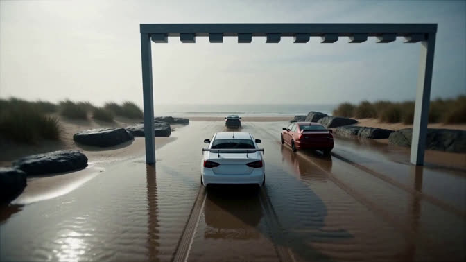 First-frame appearance reference: Two cars beneath a track gantry on a reflective wet racing circuit (Racing; third person view)