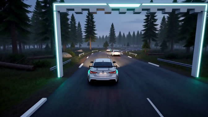First-frame appearance reference: Cars on a forest race track beneath an illuminated gantry at dusk (Racing; third person view)
