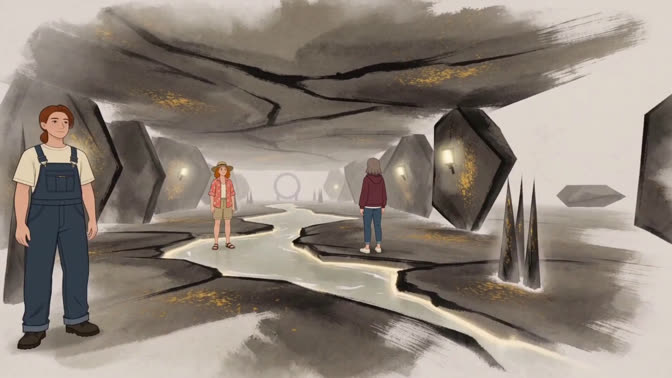 First-frame appearance reference: First-person view of people along a path through a stylized cave (Fantasy; first person view)