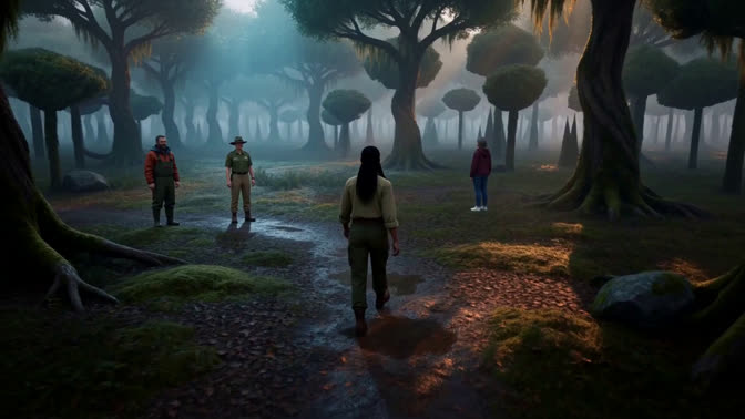 First-frame appearance reference: People on a path through a misty forest with oversized trees (Fantasy; third person view)