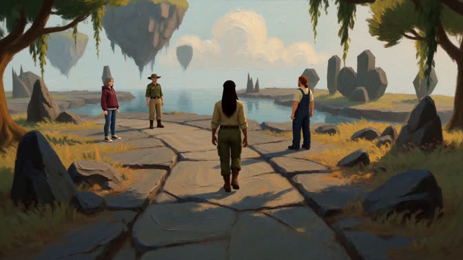 First-frame appearance reference: People among cacti and unusual rock formations in a stylized desert (Fantasy; third person view)