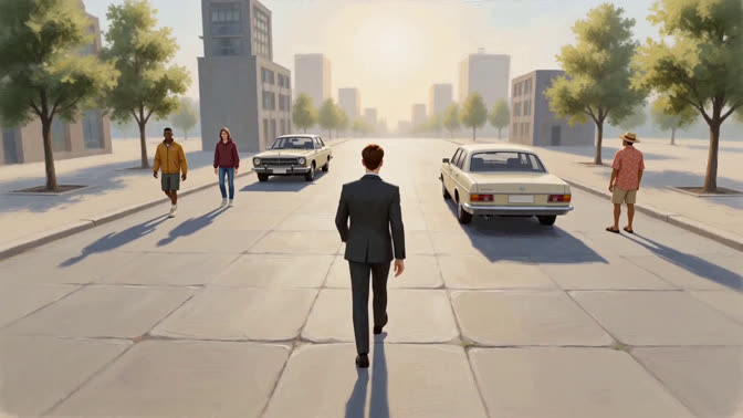 First-frame appearance reference: A person and cars sharing a broad tree-lined city street (Urban; third person view)
