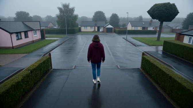 First-frame appearance reference: A person at the top of outdoor steps overlooking a residential street (Urban; third person view)