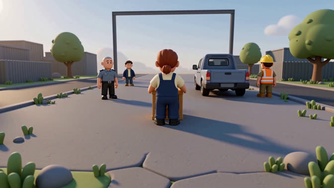 First-frame appearance reference: A stylized character with a wooden crate on a street beside workers and a van (Urban; third person view)