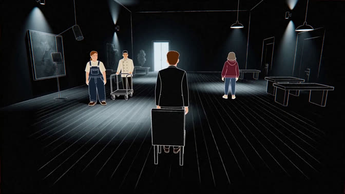 First-frame appearance reference: A seated person facing other people in a dark room lit by overhead lamps (Indoor; third person view)