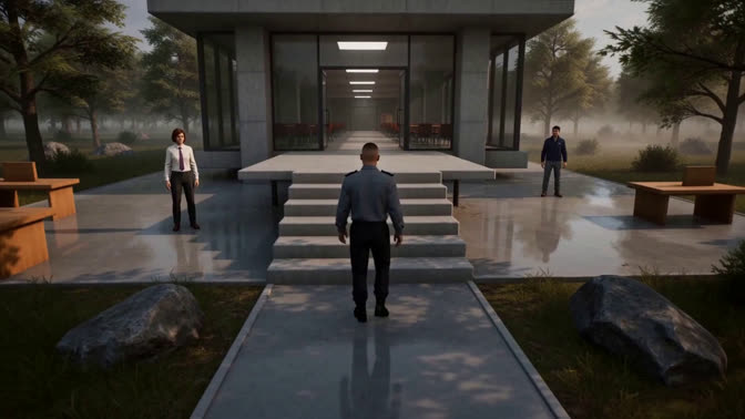First-frame appearance reference: A person approaching steps at a modern building entrance (Indoor; third person view)