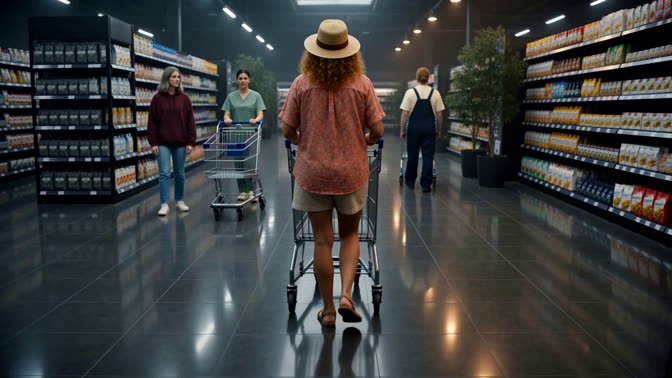 First-frame appearance reference: A person pushing a shopping cart through a supermarket aisle (Indoor; third person view)