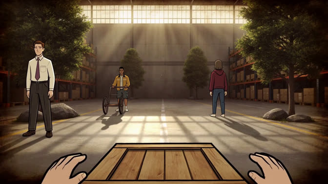 First-frame appearance reference: First-person hands behind a wooden box in a sunlit industrial interior (Indoor; first person view)