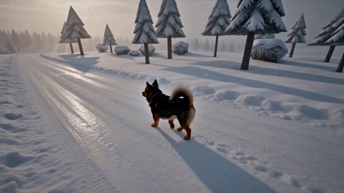 First-frame appearance reference: A dog on a snow-covered forest path (Nature; first person view)