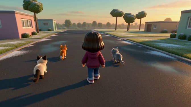 First-frame appearance reference: A stylized character and cats on a quiet residential street at sunset (Urban; third person view)