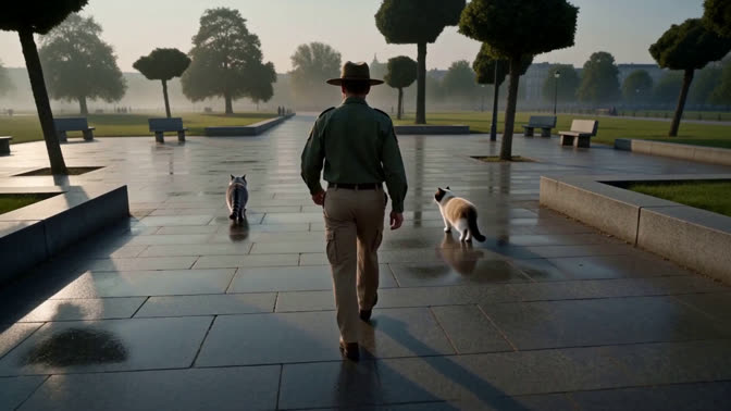 First-frame appearance reference: A person and cats on a wet walkway beside trees and park benches (Urban; third person view)
