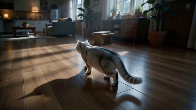 First-frame appearance reference: A cat crossing a sunlit living-room floor (Indoor; first person view)