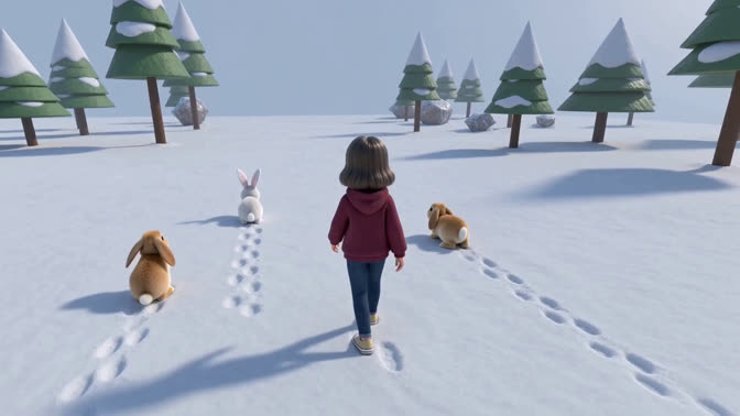 First-frame appearance reference: A stylized character and rabbits leaving tracks on a snowy forest path (Nature; third person view)