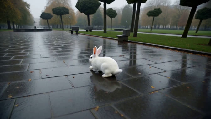 First-frame appearance reference: A rabbit on a wet paved park plaza (Urban; first person view)