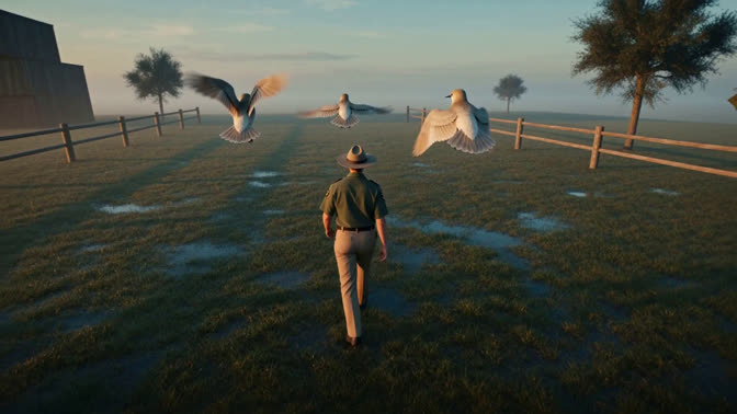 First-frame appearance reference: A person beneath flying birds in a grassy field (Nature; third person view)