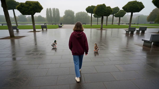 First-frame appearance reference: A person and ducks on a wet park walkway bordered by geometric trees (Urban; third person view)