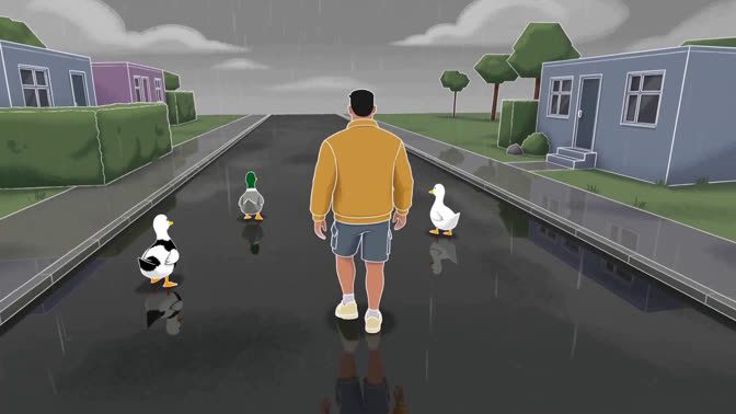 First-frame appearance reference: A stylized person and ducks on a residential street with colorful houses (Urban; third person view)