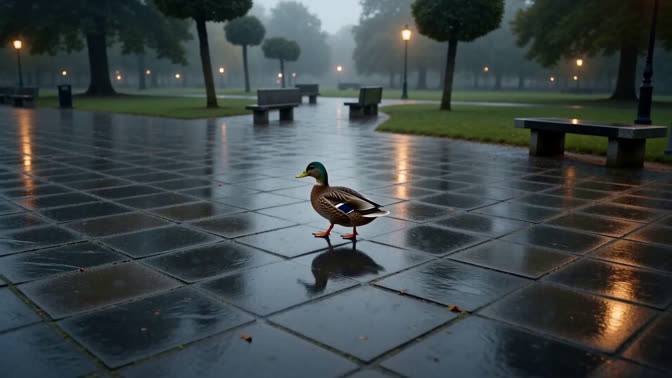 First-frame appearance reference: A duck on a rain-soaked plaza beside trees and benches (Urban; first person view)