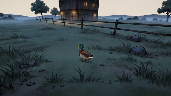 First-frame appearance reference: First-person view of a duck in grass beside a fence and a country house at dusk (Nature; first person view)