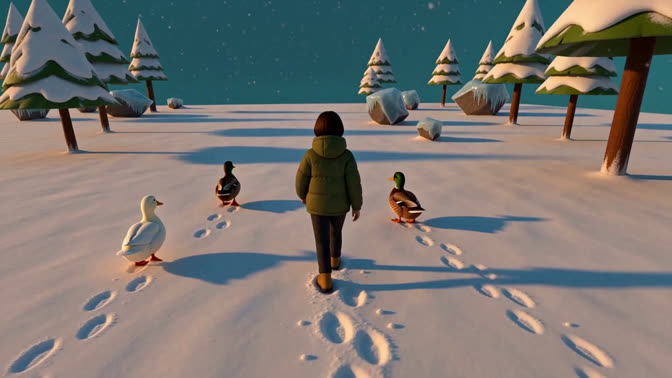 First-frame appearance reference: A person and ducks on a snow-covered path among trees and houses (Nature; third person view)