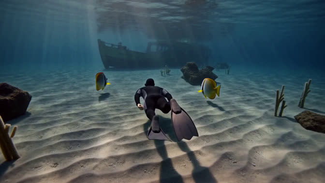 First-frame appearance reference: A diver and fish above a sandy seabed with rocks and sparse aquatic plants (Underwater; third person view)