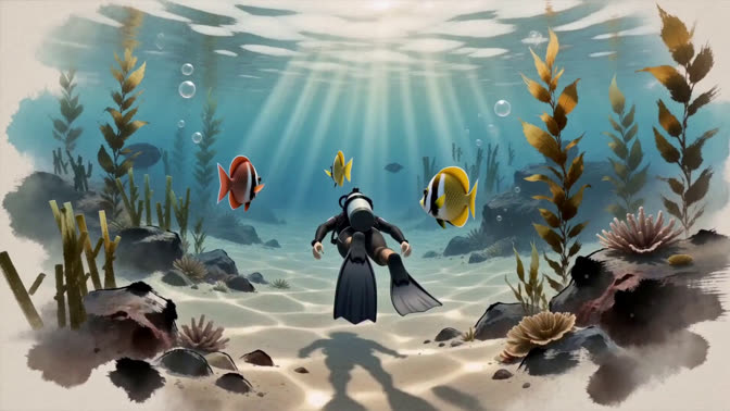 First-frame appearance reference: A diver among colorful fish, kelp, and coral underwater (Underwater; third person view)
