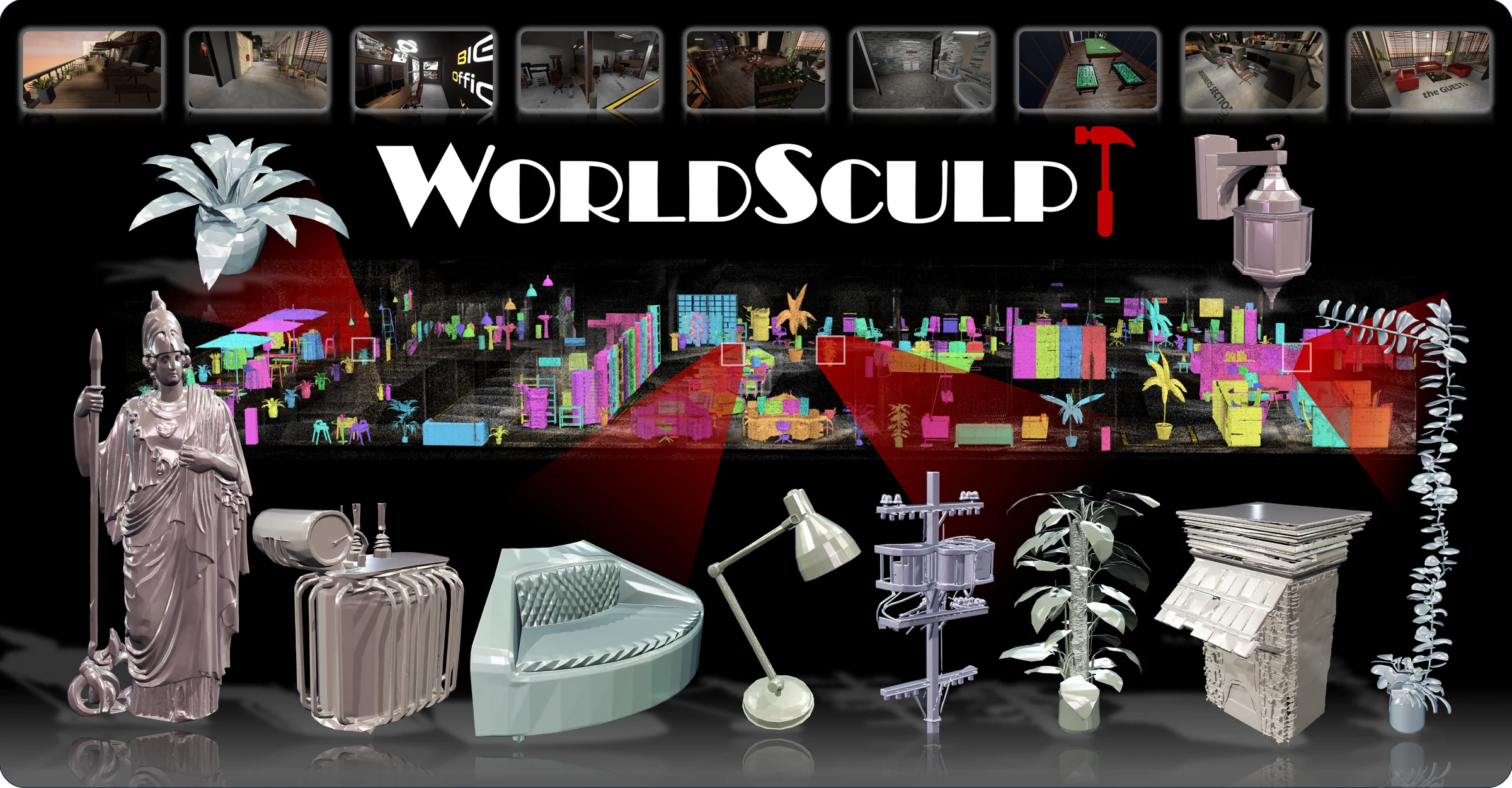 WorldSculpt teaser: a cluttered scene reconstructed into hundreds of individual object meshes